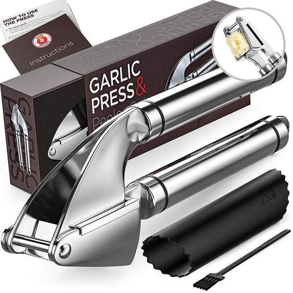 Grillers Garlic Press. Stainless Steel Mincer & Crusher With Silicone Roller Peeler